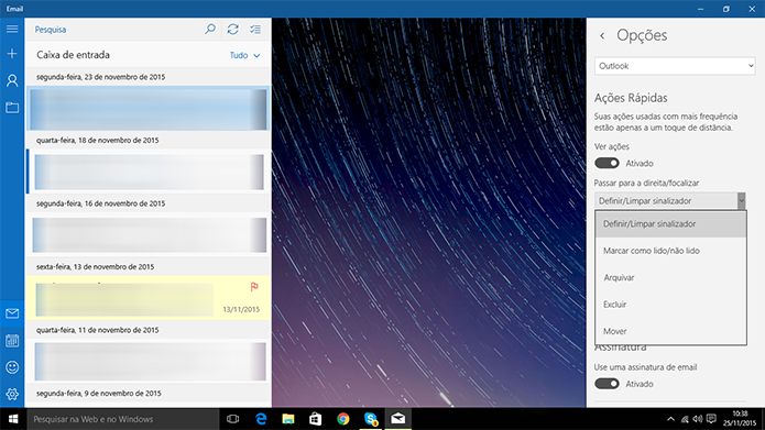E-mail do Windows 10 pode ter ações rápidas personalizadas de acordo com vontade do usuário (Foto: Reprodução/Elson de Souza)