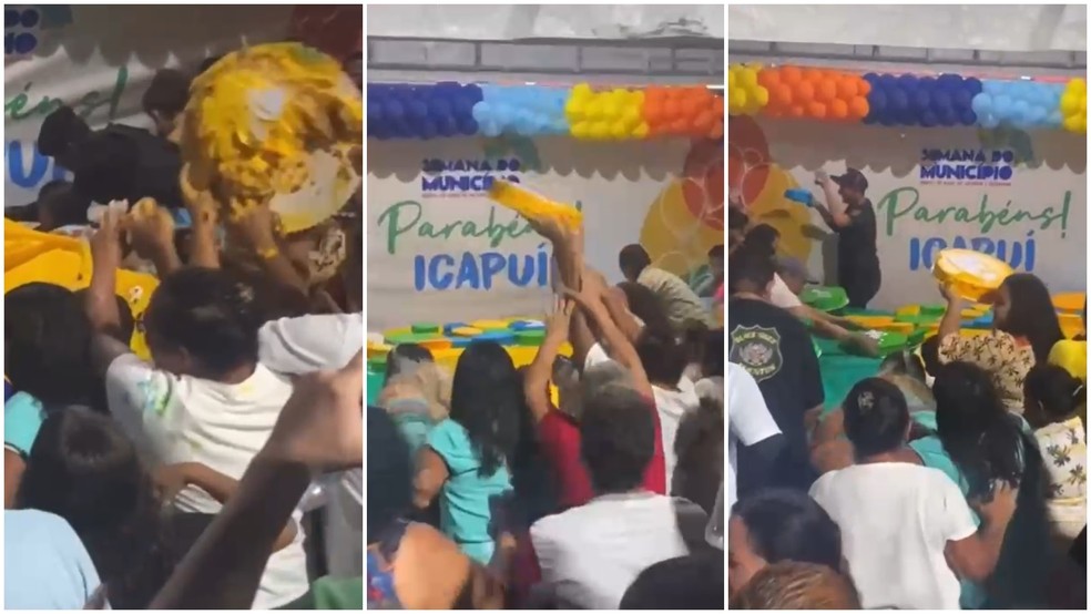 Sem organização, dezenas de pessoas disputam por refeição gratuita no aniversário de Icapuí, cidade no litoral cearense — Foto: Reprodução