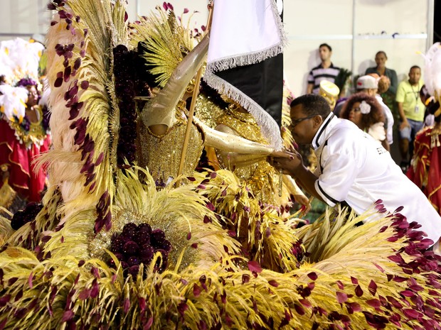 Casal de mestre-sala e porta-bandeira mostram fantasias luxuosas em desfile da Vai-Vai (Foto: Raul Zito/G1)