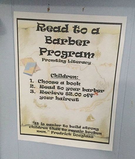 Programa Leia para um Barbeiro – Promovendo a alfabetização  Crianças: 1.Pegue um livro 2.Leia para seu barbeiro 3.Receba 2 dólares de desconto “É mais fácil construir crianças fortes do que consertar adultos quebrados” Fredrick Douglass (Foto: Reprodução / Facebook)