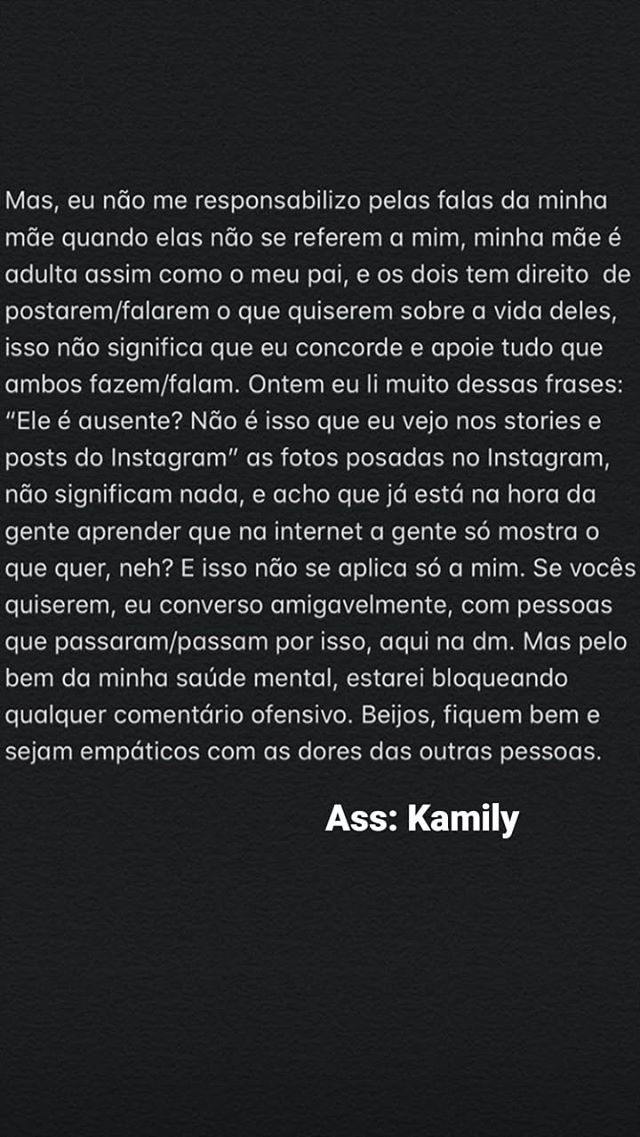 Texto de Kamily, filha de Fernando Zor (Foto: Reprodução/Instagram)