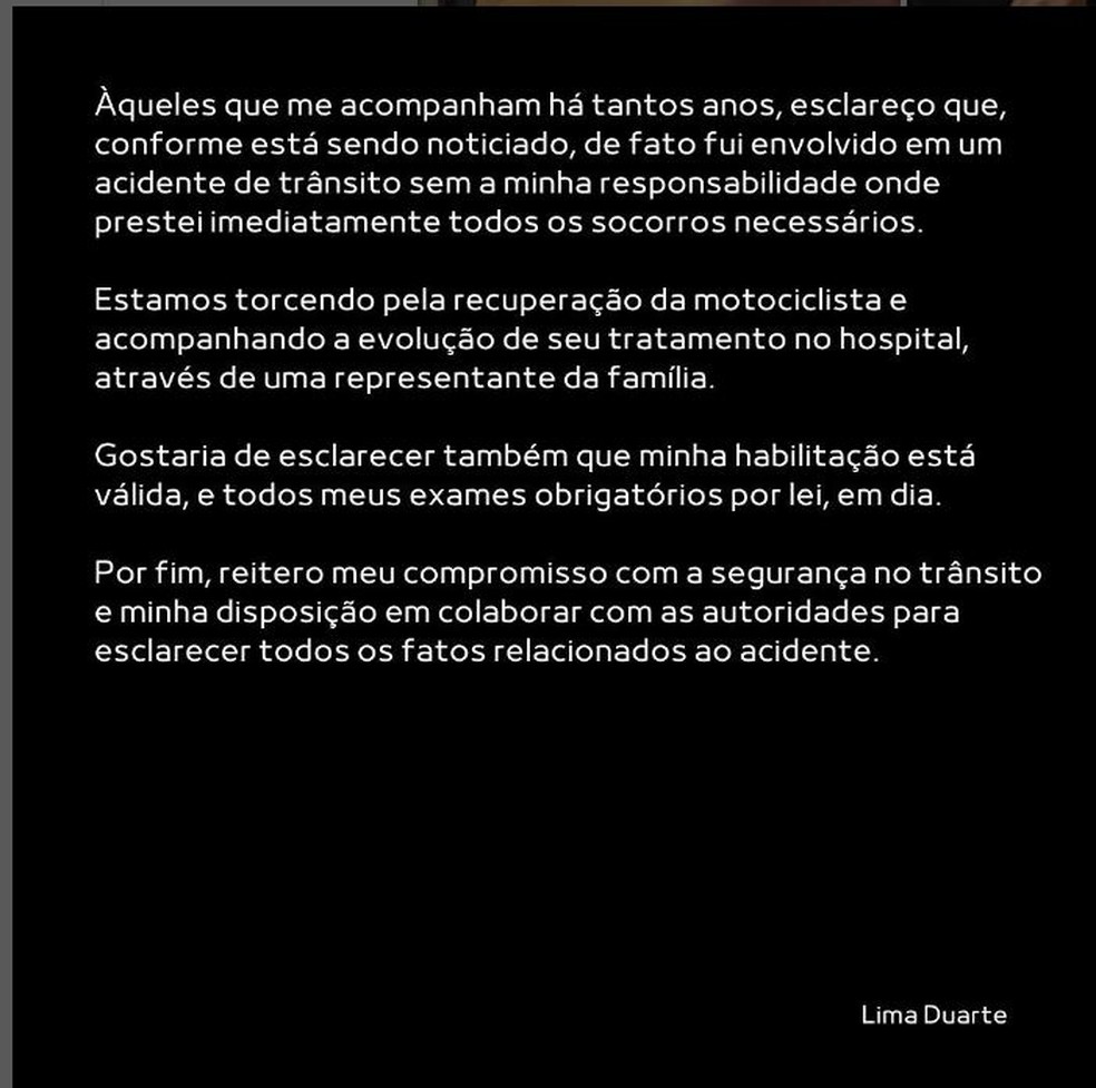 Texto publicado nas redes sociais pelo ator Lima Duarte à época do acidente — Foto: Reprodução/Redes Sociais 