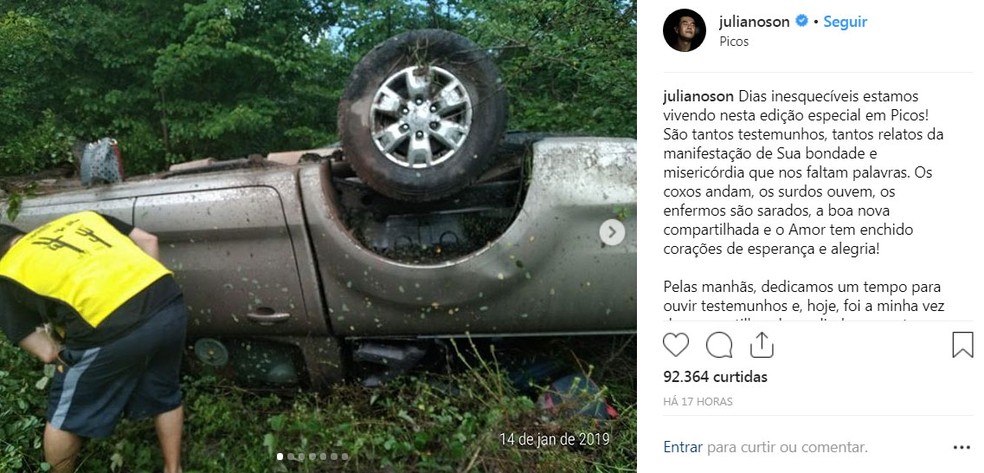 Juliano Son, cantor gospel, divulgou imagem de acidente em seu Instagram — Foto: Reprodução/Instagram/julianoson