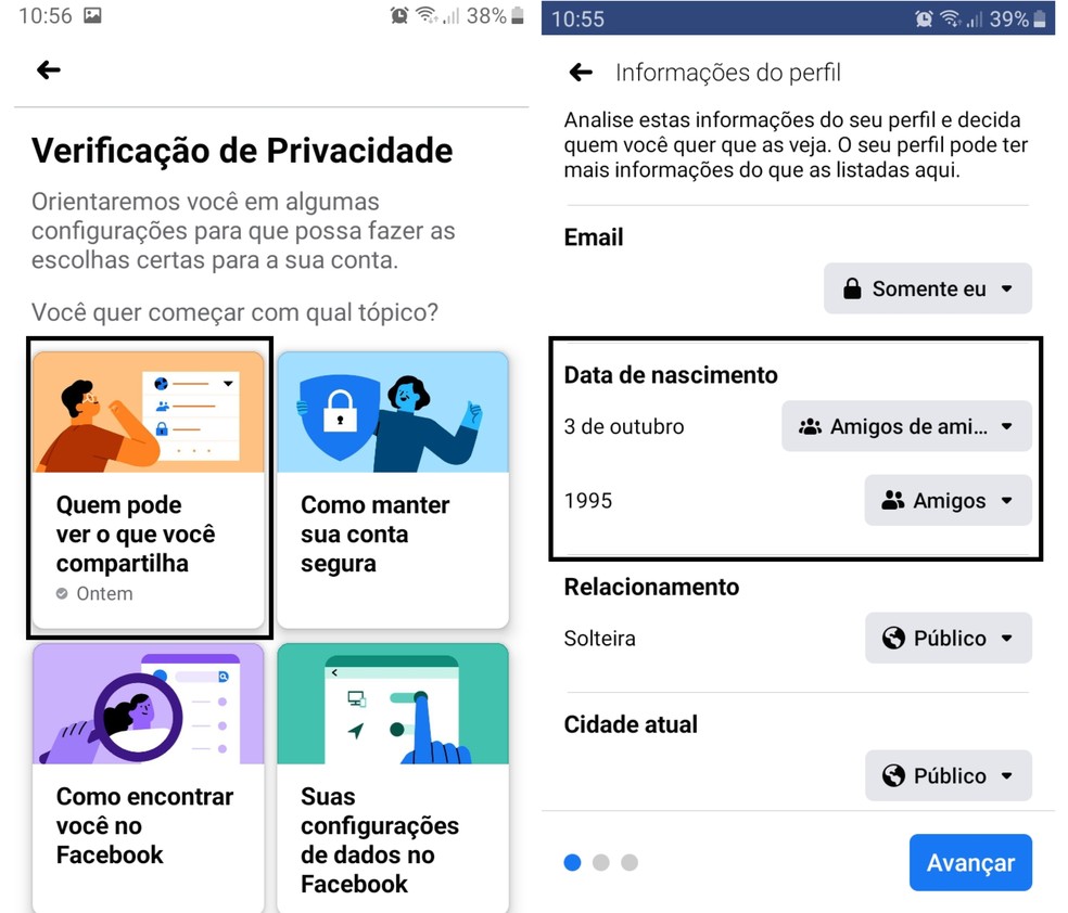 É possível ocultar a data de nascimento no Facebook pelo menu "Configurações e Privacidade" — Foto: Reprodução/Graziela Silva