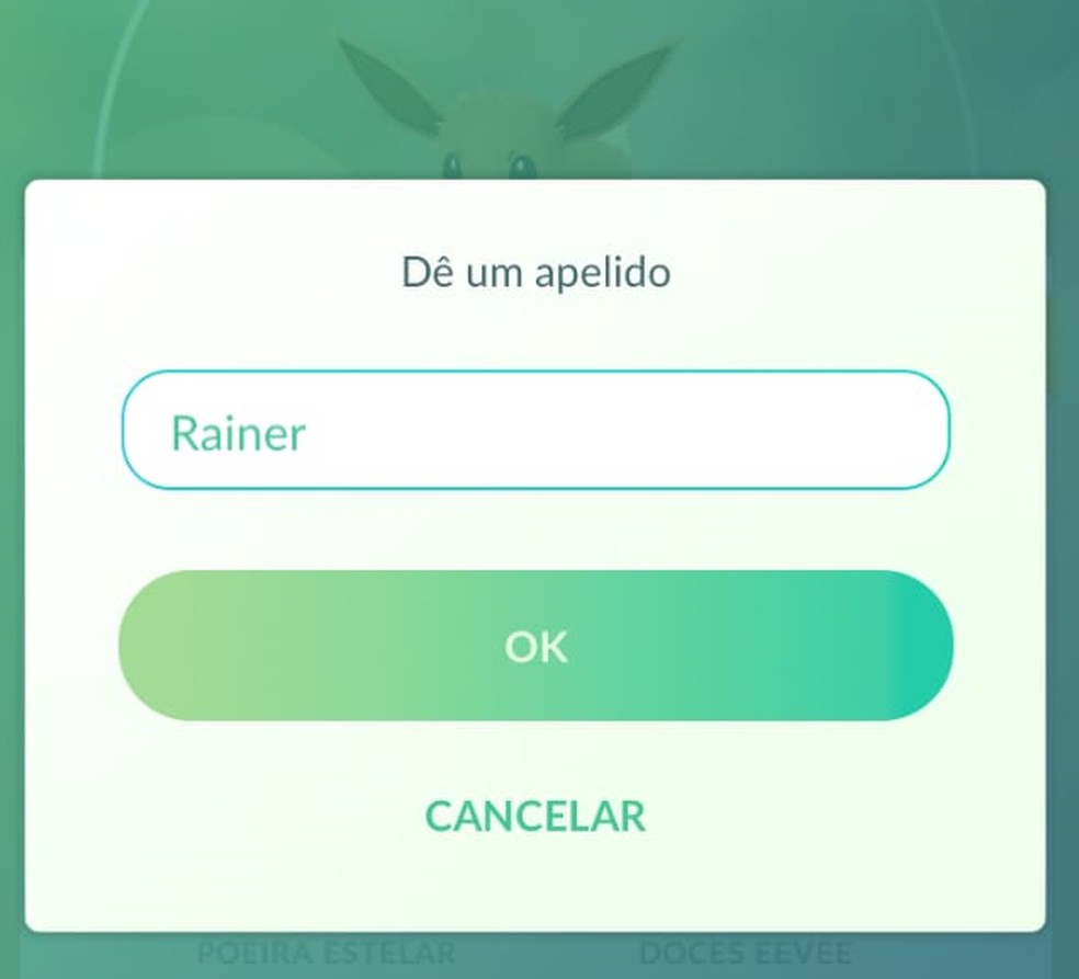 Exemplo de como evoluir Eevee para Vaporeon utilizando o método de nomes — Foto: Victor Gilbert