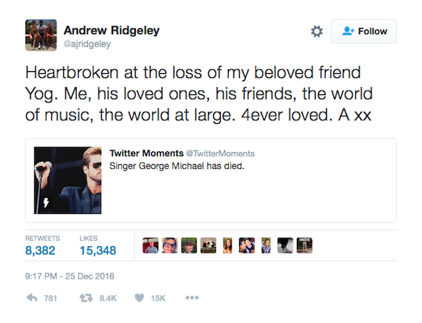 A homenagem de Andrew Ridgeley a George Michael (Foto: Twitter)