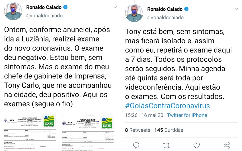 Caiado anuncia que testou negativo para Covid-19, mas que chefe de gabinete e imprensa está contaminado — Foto: Reprodução/Twitter