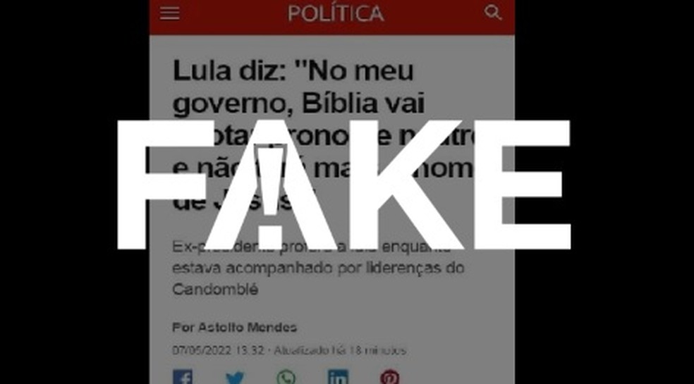 É #FAKE que Lula disse que em seu governo Bíblia vai adotar pronome neutro e não terá mais o nome de Jesus — Foto: Reprodução