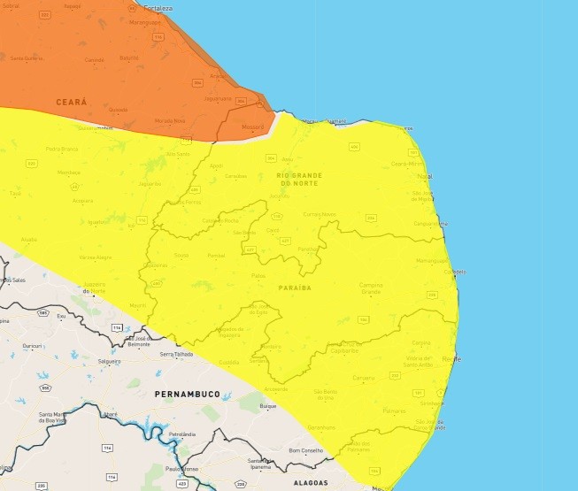 Todas as cidades da Paraíba estão sob alerta amarelo de chuvas intensas