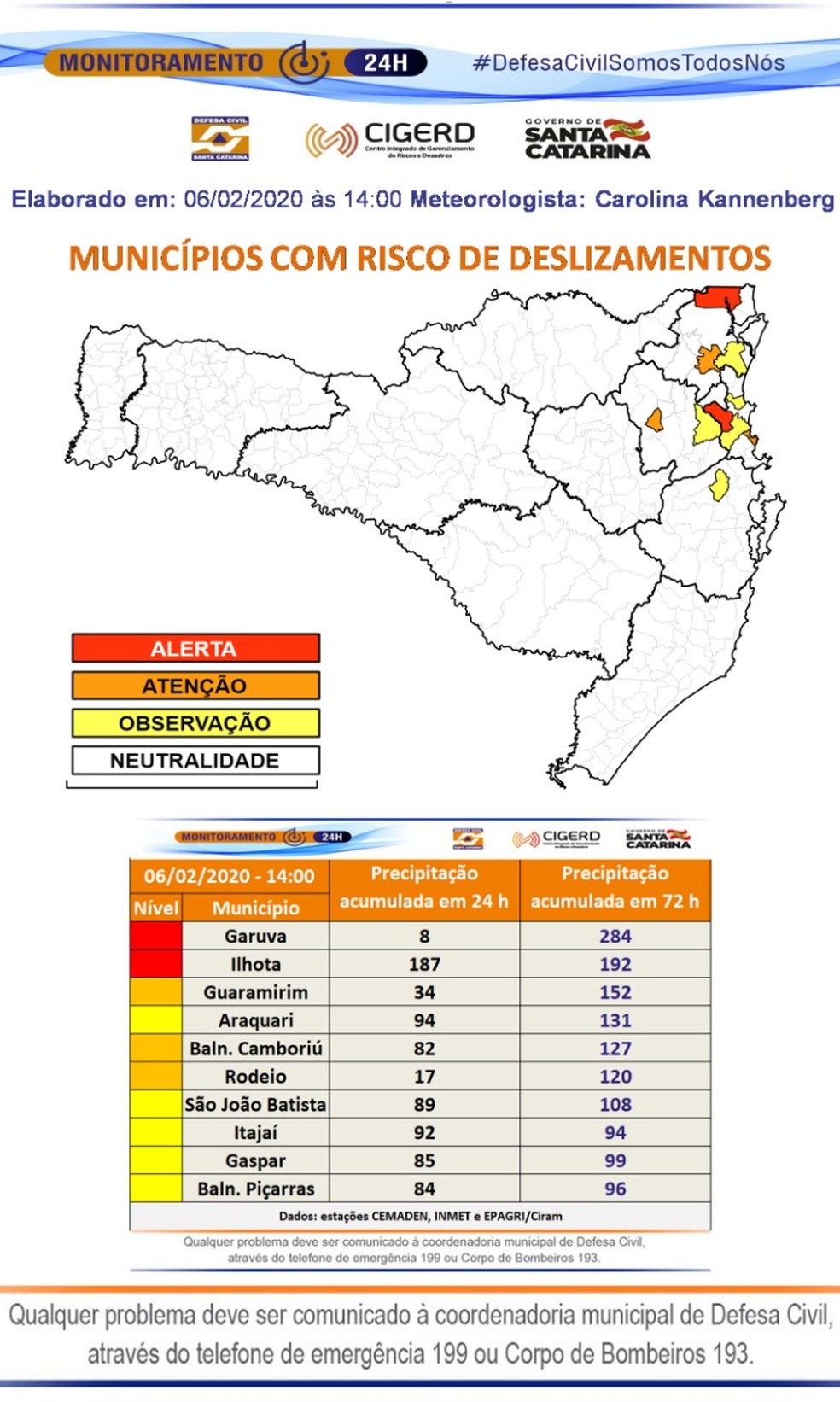 Municípios com risco de deslizamentos — Foto: Defesa Civil Estadual/ Divulgação
