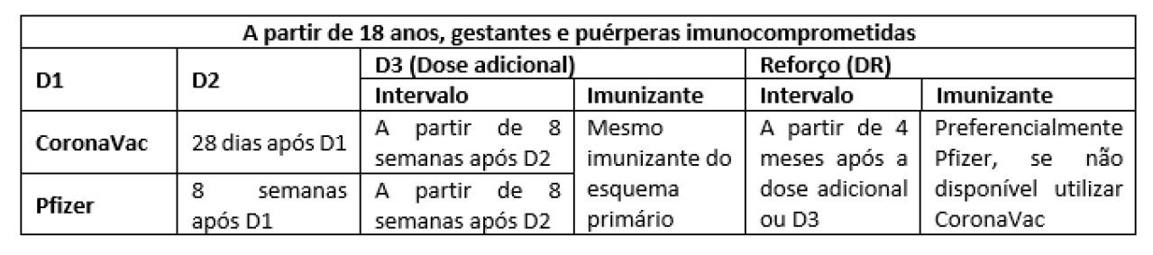 Esquema vacinal contra covid-19 de gestantes e puérperas, acima de 18 anos, imunocomprometidas (Foto: Divulgação/Ministério da Saúde)