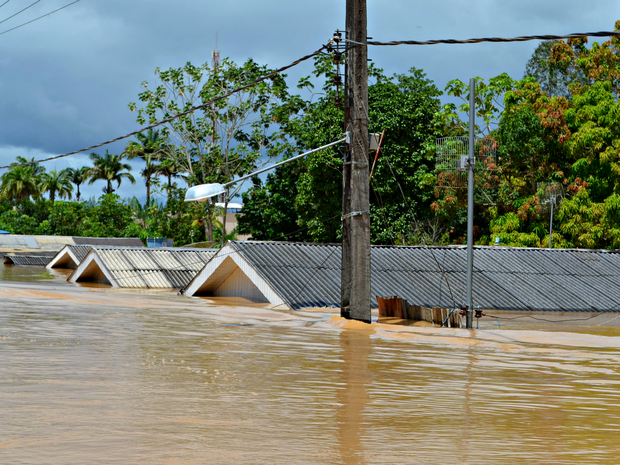 Casas foram submersas devido à enchente do Rio Acre, em Brasiléia. Imagem registrada na terça-feira (24) (Foto: Caio Fulgêncio/G1)