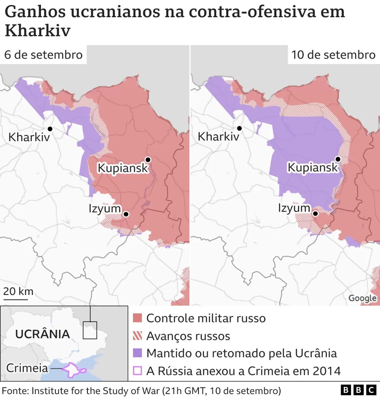 Mapa mostra avanços recentes da Ucrânia (Foto: BBC)