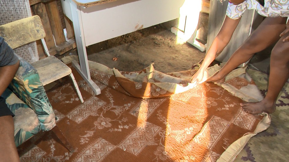 Casa em que Taislane mora com a mãe é de chão de terra, coberto por tapetes — Foto: Reprodução/TV Gazeta