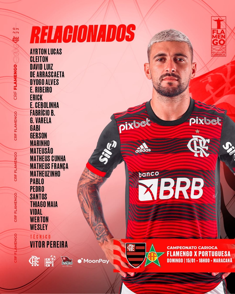 Relacionados do Flamengo para enfrentar a Portuguesa — Foto: Reprodução
