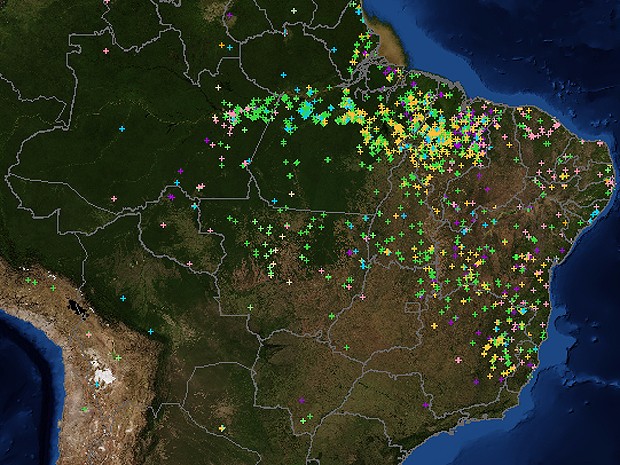 Mapa elaborado pelo Inpe mostra focos registrados nas últimas 48h (Foto: Inpe)