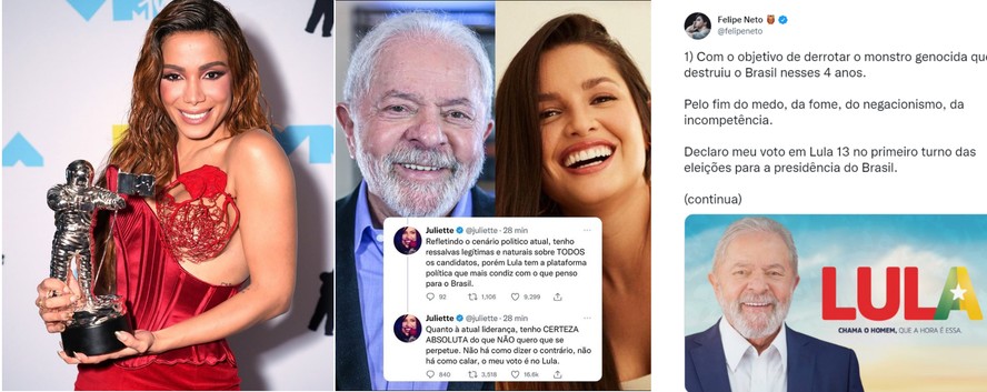 Anitta, Juliette e Felipe Neto declaram voto em Lula