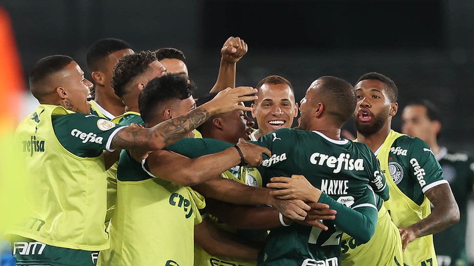Jogadores do Palmeiras festejam o gol sobre o Botafogo