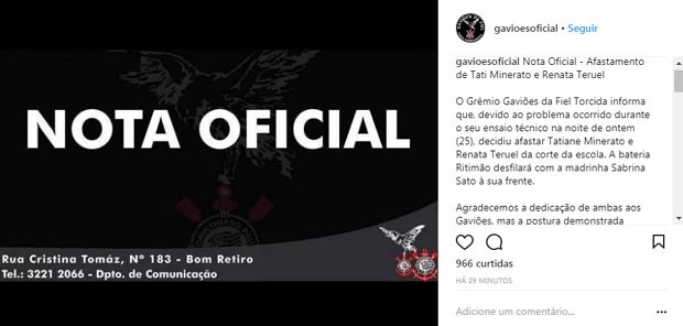 O comunicado da Gaviões da Fiel no Instagram (Foto: Reprodução Instagram)