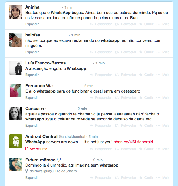 No Twitter, usuários brasileiros reclamam do WhatsApp fora do ar (Foto: Reprodução/Twitter)