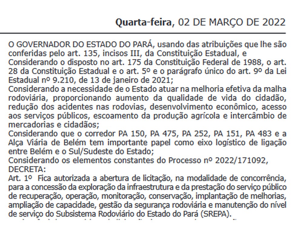 Privatização das rodovias foi publicada no Diário oficial ainda em março de 2022 — Foto: Reprodução