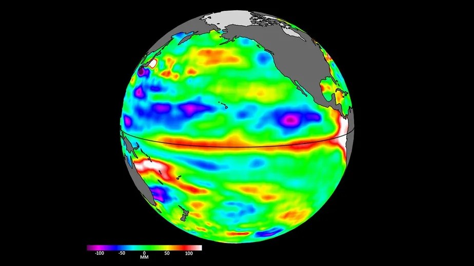 Imagens do satélite Sentinel-6 mostram águas oceânicas relativamente mais altas, em vermelho e branco