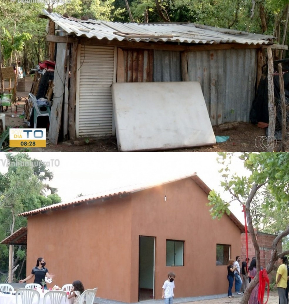 Barracão onde família morava e nova casa construída por voluntários — Foto: Reprodução/TV Anhnguera 