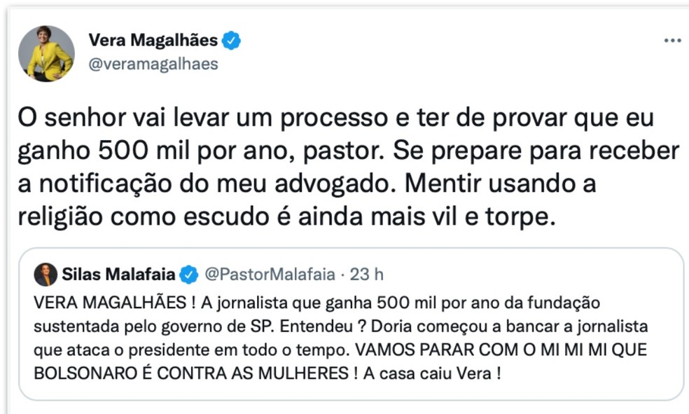 Postagem de Silas Malafaia contra Vera Magalhães que gerou processo na Justiça de São Paulo. — Foto: Reprodução