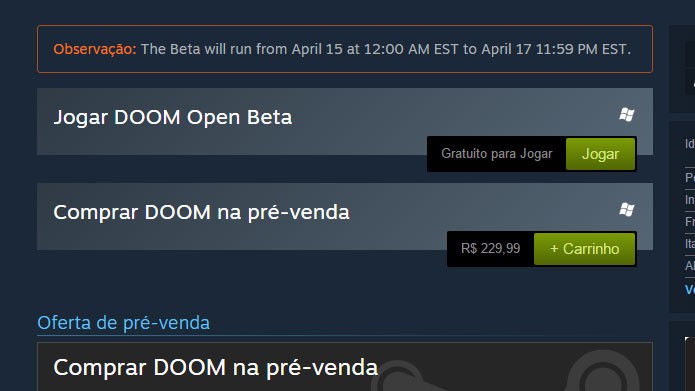 Na página do Doom Beta, clique em Jogar para fazer o download (Foto: Reprodução/Tais Carvalho)