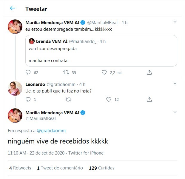 Tweets de Marilia Mendonça (Foto: Reprodução/Twitter)