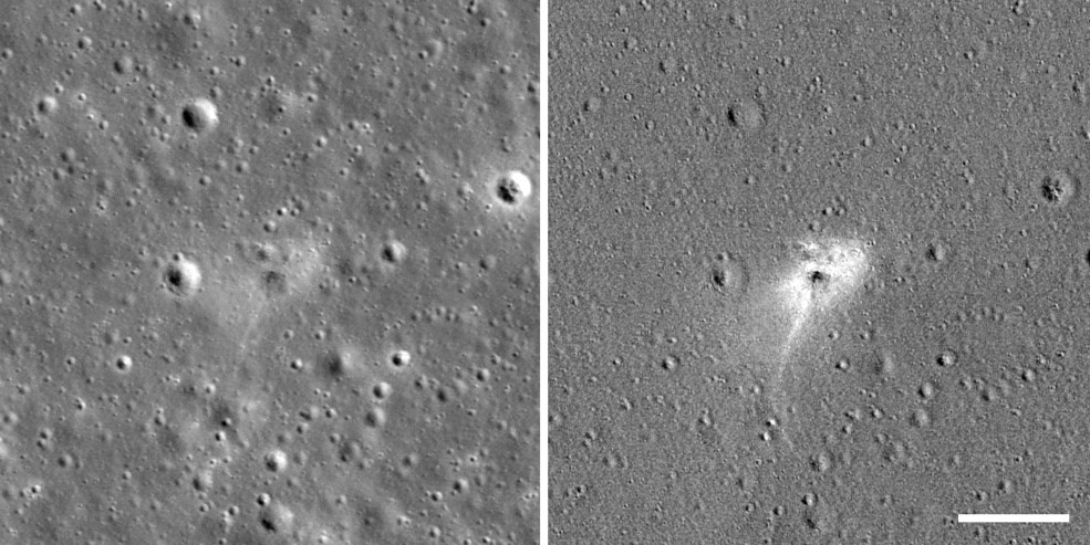 Imagem mostra antes (esquerda) e depois ( direita) da queda da sonda Beresheet. Após o impacto, formou-se um halo branco  (Foto: NASA/GSFC/Arizona State University)