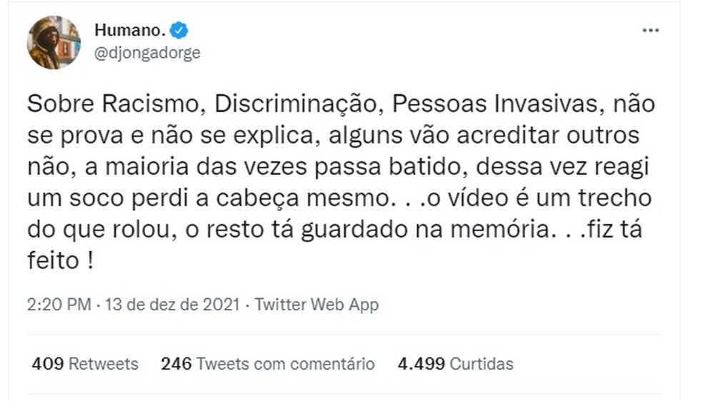 Twitter de Djonga sobre agressão no Mineirão. — Foto: Reprodução