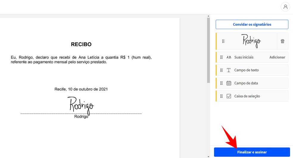 Finalizando a assinatura de um documento PDF utilizando o site grátis Small PDF — Foto: Reprodução/Rodrigo Fernandes