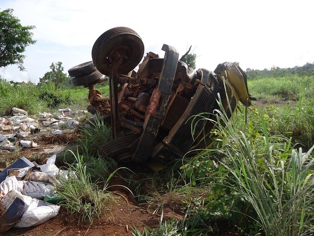 Motorista morreu após caminhão sair da pista e tombar na BR-226 (Foto: PRF Tocantins/Divulgação)