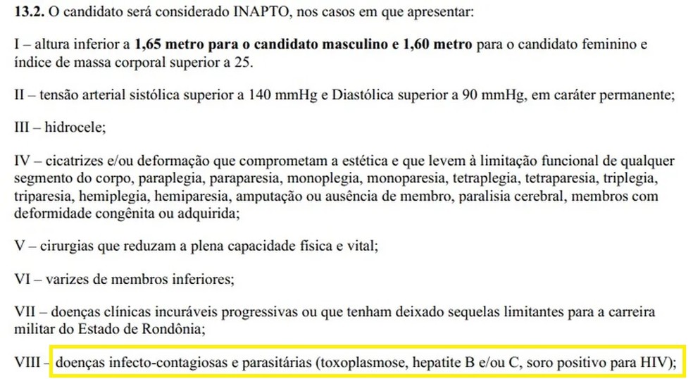 Trecho do edital do Corpo de Bombeiros de RO que considera "inaptas" para o cargo as pessoas que vivem com HIV. — Foto: Reprodução