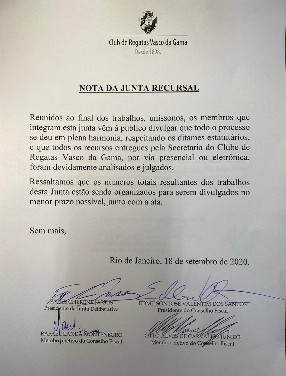 Nota oficial da Junta de Recursos do Vasco � Foto: Reprodu��o