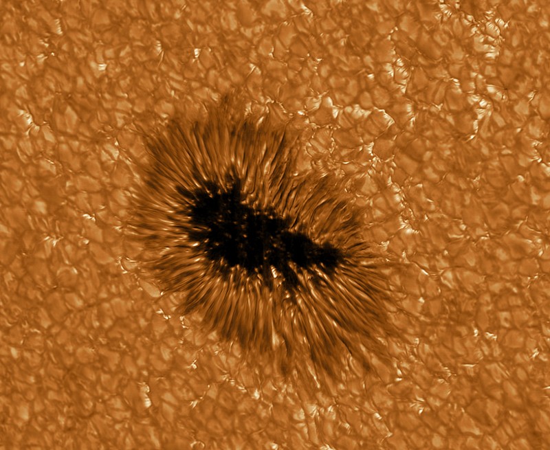 Mancha solar observada pelo telescópio Gregor a um comprimento de onda de 430 nanômetros (nm) (Foto: KIS)