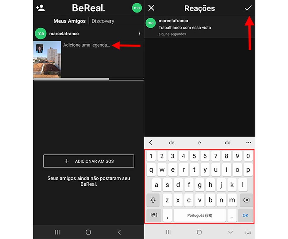 Ação para adicionar legenda na postagem do BeReal — Foto: Reprodução/Marcela Franco