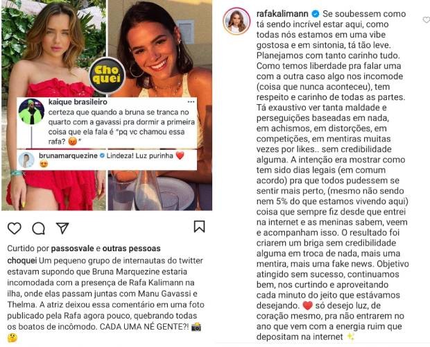 Rafa Kalimann nega mal-estar com Bruna Marquezine (Foto: Reprodução/Instagram)