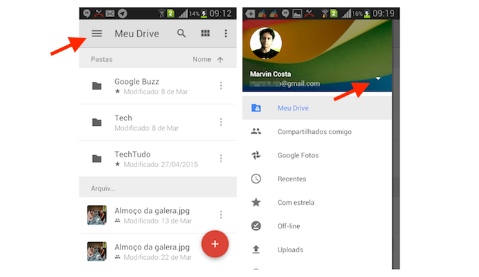 Acessando a página para gerenciar e adicionar uma nova conta do Google Drive para Android (Foto: Reprodução/Marvin Costa)