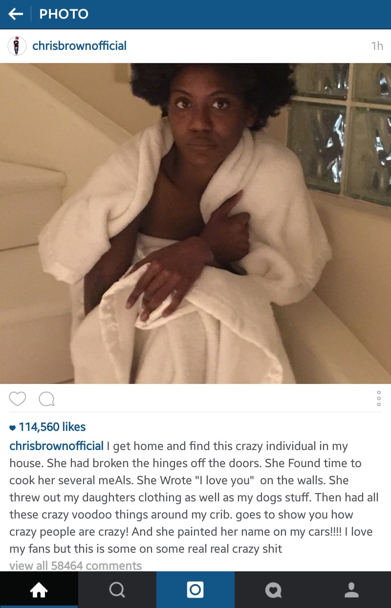 Post de Chris Brown em 2016 com mulher que invadiu sua casa (Foto: Instagram)