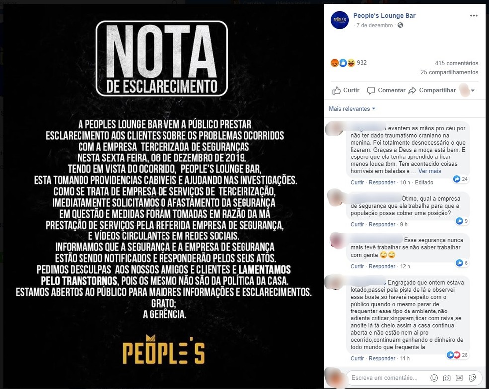 Boate People's Lounge Bar divulga nota nas redes sociais após caso de agressão no estabelecimento  — Foto: Facebook/Reprodução