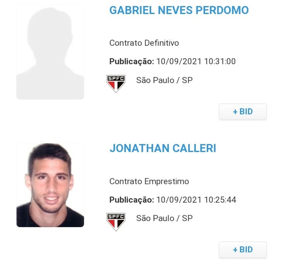 Gabriel e Calleri aparecem no BID e estão aptos para jogar pelo São Paulo — Foto: Reprodução