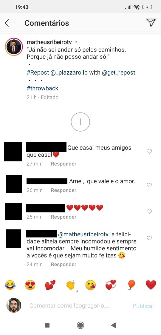 Internautas deixam mensagens para Matheus Ribeiro e Yuri Piazzarollo (Foto: Reprodução/Instagram)