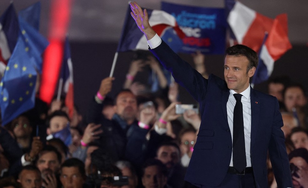 Emmanuel Macron em seu discurso de vitória, em 24 de abril de 2022 — Foto: Thomas Coex / AFP