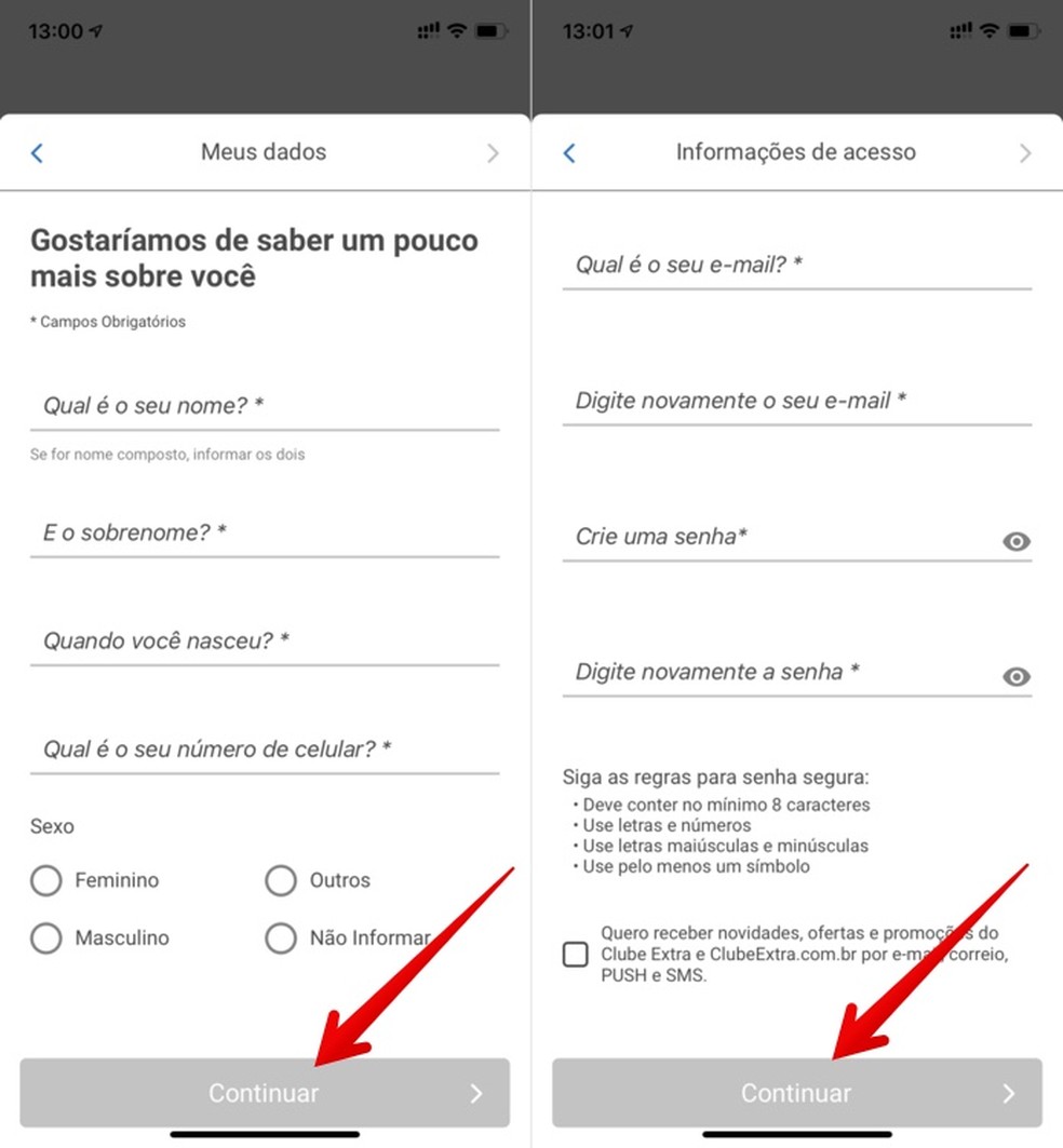 Cadastro Clube Extra: cadastrar conta no app é possível ao inserir alguns dados — Foto: Reprodução/Helito Beggiora