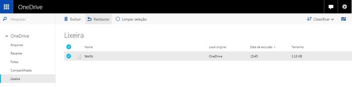 Lixeira do OneDrive permite restaurar arquivos apagados (Foto: Reprodu??o/Raquel Freire)