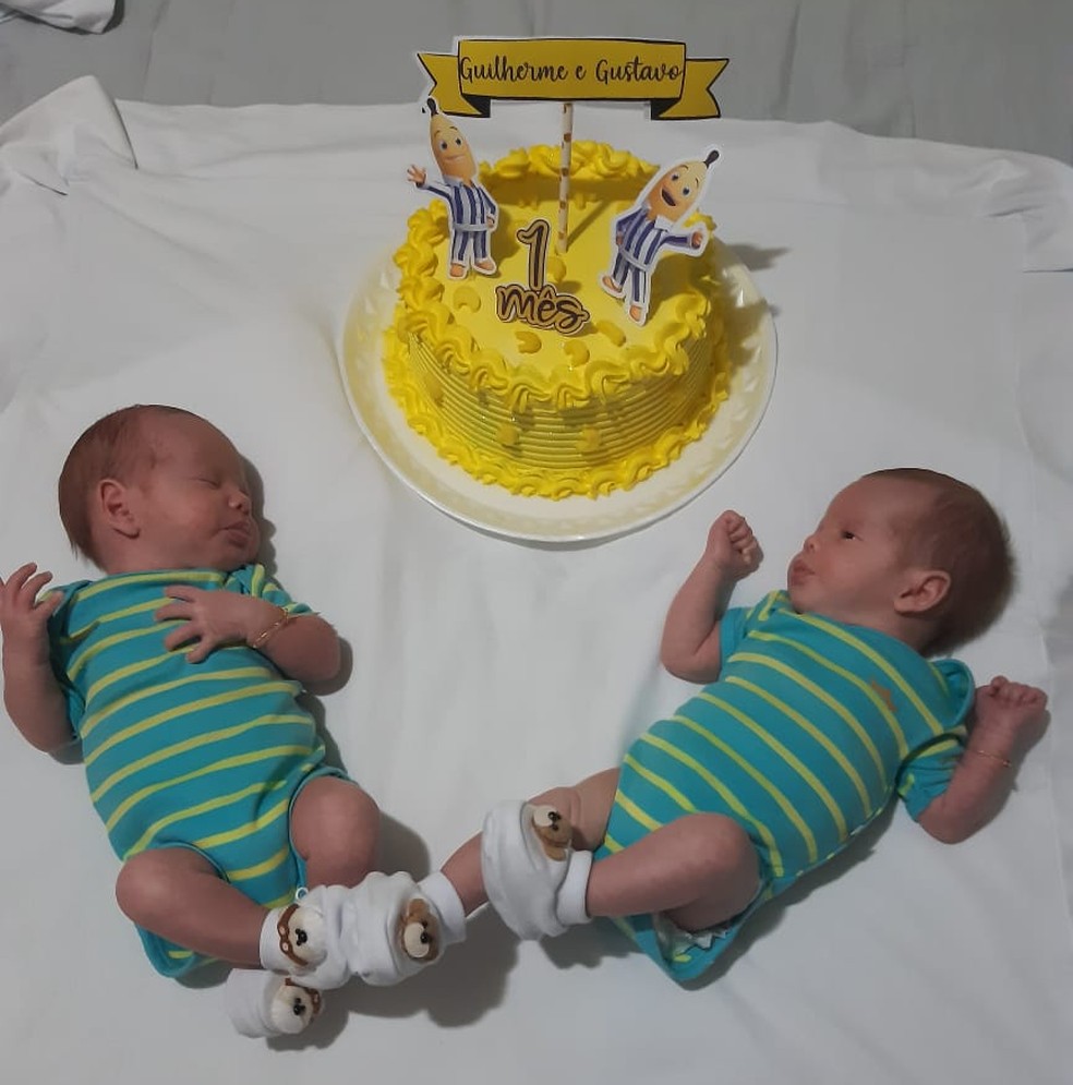 "Mêsversário" dos gêmeos teve direito a bolo temático do Bananas de Pijamas em Macatuba — Foto: Arquivo pessoal/Diego Rodrigues