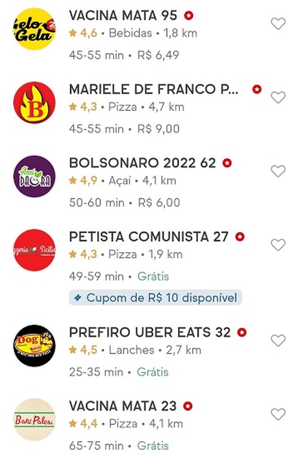 Restaurantes têm nomes alterados no iFood por mensagens de apoio a Bolsonaro e contra vacina; empresa afirma ainda que os nomes corretos 'estão sendo restabelecidos' — Foto: Reprodução