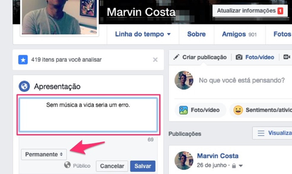 Ação para visualizar as opções de período em que uma biografia ficará disponível no Facebook (Foto: Reprodução/Marvin Costa)